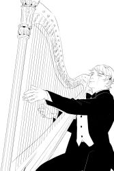 1boy character_request chengongzi123 closed_mouth collared_coat collared_shirt facing_to_the_side golden_kamuy greyscale hands_up harp highres holding holding_instrument instrument long_sleeves male_focus monochrome music pants playing_instrument shirt short_hair simple_background sitting smile upper_body vest white_background