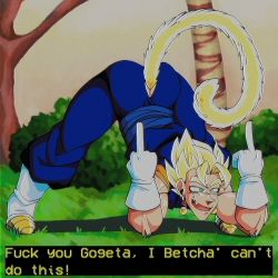 1boy artist_request ass blonde_hair boots dragon_ball dragonball_z earrings english_text fang flexible forest full_body gloves grass grin highres jack-o&#039;_challenge jewelry looking_at_viewer male_focus manly meme middle_finger muscular nature open_mouth pants parody potara_earrings smile smug solo spiked_hair spread_legs super_saiyan thick_thighs thighs top-down_bottom-up v-shaped_eyebrows vegetto what wide_spread_legs