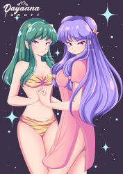 Rule 34 | 2girls, bra, chinese clothes, double bun, green hair, hair bun, long hair, lum, multiple girls, panties, pink eyes, purple hair, ranma 1/2, shampoo (ranma 1/2), sidelocks, simple background, striped bra, striped clothes, striped panties, underwear, urusei yatsura