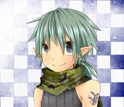 Rule 34 | 1boy, blue background, camouflage scarf, checkered background, closed mouth, commentary request, green hair, green scarf, grey eyes, grey shirt, looking at viewer, male focus, meiko (nattu303), pointy ears, ragnarok online, ranger (ragnarok online), scarf, shirt, short hair, sleeveless, sleeveless shirt, smile, solo, white background