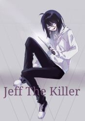 1boy 779762391_(lofter) ahoge androgynous bags_under_eyes black_hair black_pants black_shoes blue_eyes breasts character_name chinese_commentary colored_skin commentary_request converse creepypasta double-parted_bangs drawstring eyes_visible_through_hair fingernails full_body glasgow_smile grey_background hair_between_eyes highres holding holding_knife hood hood_down hoodie invisible_chair jeff_the_killer kitchen_knife knee_up knife long_sleeves male_focus medium_breasts open_mouth pants puffy_long_sleeves puffy_sleeves shoelaces shoes simple_background sitting smile straight_hair teeth tongue triangle upper_teeth_only v-shaped_eyebrows white_hoodie white_skin