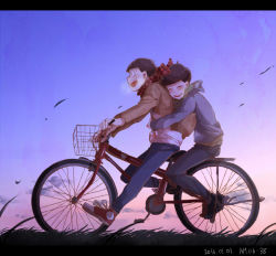 10s 2016 2boys :d ^_^ ahoge alternate_costume bad_id bad_pixiv_id bicycle blush bowl_cut breath brothers brown_hair casual closed_eyes cloud dated from_side grass green_scarf hug hug_from_behind jacket laughing letterboxed long_sleeves male_focus matsuno_choromatsu matsuno_osomatsu multiple_boys multiple_riders new_year open_mouth osomatsu-kun osomatsu-san osomatsu_(series) outdoors pants plaid_clothes plaid_scarf profile red_footwear red_scarf riding scarf shoes siblings sky smile sneakers striped_clothes striped_scarf sunset sweater time tsujin_bohboh wind winter_clothes