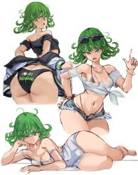 1girl ass bikini bikini_under_clothes black_jacket black_panties black_shirt bracelet breasts collarbone cowboy_shot crop_top curly_hair curvy cutoffs denim denim_shorts dress eyewear_on_head green_eyes green_hair hand_on_own_hip highres index_finger_raised jacket jewelry looking_at_viewer lying micro_shorts midriff navel on_side one-punch_man open_clothes open_jacket open_mouth panties rakeemspoon shirt short_dress short_hair shorts simple_background solo sunglasses swimsuit tatsumaki tied_shirt underwear white_background white_dress white_shirt