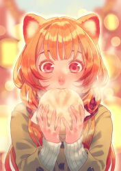 1girl abstract_background animal_ears steamed_bun checkered_clothes checkered_scarf commentary_request eating food highres holding holding_food jacket long_hair long_sleeves minami_seira orange_hair raccoon_ears raccoon_girl raphtalia red_eyes red_scarf ribbed_sweater scarf signature solo steam sweater tate_no_yuusha_no_nariagari white_sweater yellow_jacket
