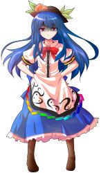 Rule 34 | 1girl, alphes (style), bare arms, black hat, blue hair, blue skirt, boots, bow, bowler hat, bowtie, brown boots, closed mouth, collared shirt, commentary request, dairi, diamond (shape), flat chest, food, fruit, full body, hair between eyes, hat, hinanawi tenshi, large variant set, leaf, legs apart, long hair, long skirt, looking at viewer, parody, peach, pigeon-toed, puffy short sleeves, puffy sleeves, red bow, red bowtie, red eyes, shaded face, shirt, short sleeves, skirt, solo, standing, style parody, tachi-e, touhou, transparent background, v-shaped eyebrows, variant set, white shirt