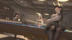 5girls absurdres alternate_breast_size alternate_costume apron artist_name ass azur_lane ball billiard_ball black_hair black_panties black_pantyhose black_skirt breasts ceiling_light character_request commentary_request cue_stick dutch_angle formidable_(azur_lane) grey_hair high_ponytail highres holding_cue_stick indoors large_breasts leaning_forward long_hair long_sleeves medium_breasts multiple_girls noshiro_(azur_lane) panties panties_under_pantyhose pantyhose ponytail pool_table purple_eyes red_eyes sakawa_(azur_lane) shirt short_sleeves sitting skirt table translation_request twintails underwear very_long_hair white_apron white_panties white_shirt window_blinds yuebanmao