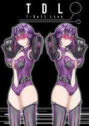2girls aiming aiming_at_viewer black_background black_gloves boots breasts bullpup cleavage closed_mouth commentary commission cowboy_shot detached_sleeves english_commentary girls&#039;_frontline gloves grey_boots gun head-mounted_display highres holding kureno_(clern) leotard long_hair looking_at_viewer medium_breasts multicolored_hair multiple_girls navel pink-tinted_eyewear pink_hair purple_eyes purple_hair purple_leotard purple_sleeves ripper_(girls&#039;_frontline) sangvis_ferri short_hair standing streaked_hair submachine_gun thigh_boots tinted_eyewear trigger_discipline v-shaped_eyebrows weapon