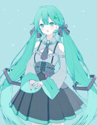 Rule 34 | 1girl, adapted costume, akiyu, alternate costume, aqua background, aqua eyes, aqua hair, aqua nails, birthday, blush, buckle, cleavage cutout, clothing cutout, collared shirt, commentary, cross-laced clothes, cross-laced skirt, food-themed hair ornament, frills, grey shirt, hair between eyes, hair ornament, hair ribbon, hatsune miku, highres, long hair, long sleeves, looking ahead, low twintails, music, necktie, number hair ornament, open mouth, own hands together, pleated skirt, ribbon, shirt, short necktie, simple background, singing, skirt, solo, spring onion hair ornament, striped ribbon, twintails, very long hair, vocaloid, wide sleeves