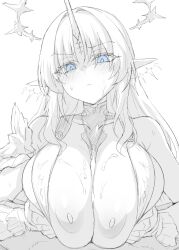 1boy 1girl blue_eyes blush breasts breasts_squeezed_together closed_mouth coat collar commentary crown_of_thorns cum ejaculation fleurdelys_(wuthering_waves) horns huge_breasts long_hair looking_at_viewer nipples paizuri pointy_ears simple_background single_horn sketch spot_color symbol-only_commentary tacet_mark_(wuthering_waves) unfinished waero white_coat wuthering_waves