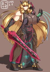abs barghest_(fate) barghest_(second_ascension)_(fate) black_dress black_gloves blonde_hair breasts chain dress fairy_sword_galatine fate/grand_order fate_(series) gloves green_eyes heterochromia high_heels highres horns huge_breasts long_hair makotsuka muscular muscular_female red_eyes signature solo sword weapon