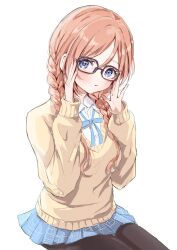 1girl bespectacled black-framed_eyewear black_pantyhose blue_eyes blue_ribbon blue_skirt blush braid brown_hair commentary_request dress_shirt french_braided_twintails gakuen_idolmaster glasses highres himesaki_rinami idolmaster long_hair long_sleeves looking_at_viewer maruno_zzz neck_ribbon pantyhose pleated_skirt ribbon shirt simple_background sitting skirt solo sweater twin_braids white_background white_shirt yellow_sweater