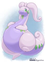 artist_name blue_background blush closed_mouth colored_skin commentary dated dragon english_commentary fat full_body gen_6_pokemon gomuhimo_(nawataro) goodra green_eyes highres large_tail looking_at_viewer nintendo no_humans pokemon pokemon_(creature) purple_skin simple_background slime_(substance) solo sweat tail thick_thighs thighs twitter_username white_background