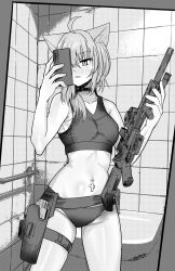 1girl ahoge animal_ear_fluff animal_ears ao_homura bare_shoulders black_choker black_panties choker collarbone crop_top greyscale highres holding holding_weapon long_hair mirror_selfie monochrome navel navel_piercing open_mouth original panties piercing selfie skindentation solo standing stomach thigh_strap underwear weapon