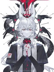 1boy absurdres animal_ears black_capelet blood blood_on_face blood_on_hands capelet colored_skin expressionless highres moroo original rabbit_boy rabbit_ears red_eyes rei_(crrn) snake solo white_hair white_skin