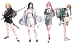 Rule 34 | absurdres, arms at sides, black hair, black sclera, black shoes, black skirt, blonde hair, breast lift, breasts, brown shirt, character request, chest sarashi, cleavage, colored sclera, genderswap, genderswap (mtf), green jacket, grey necktie, grey skirt, hand up, high heels, high ponytail, highres, holding, holding sword, holding weapon, incredibly absurdres, jacket, jacket on shoulder, kasuga kaya, long hair, lookism, necktie, office lady, pencil skirt, ponytail, red necktie, sarashi, scar, scar on chest, scar on face, scar on nose, sheath, shirt, shoes, shorts, skirt, sneakers, ssaumdokak, standing, standing on one leg, sword, weapon, white jacket, white skirt