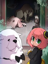 1girl absurdres anya_(spy_x_family) black_dress bond_(spy_x_family) bongfill dark_room dog dress fullmetal_alchemist gen_1_pokemon green_eyes guardians_of_the_galaxy guardians_of_the_galaxy_vol._3 highres huggy_wuggy legendary_pokemon looking_at_viewer lylla_(marvel) made_in_abyss marvel marvel_cinematic_universe mew_(pokemon) mitty_(made_in_abyss) mythical_pokemon nintendo pink_hair pointing pokemon poppy_playtime shou_tucker&#039;s_chimera spy_x_family