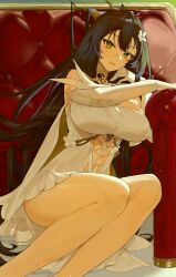 Rule 34 | 1girl, absurdly long hair, absurdres, azur lane, black hair, breasts, commentary, dress, elbow gloves, english commentary, feet out of frame, flower, gloves, green eyes, hair between eyes, hair flower, hair on horn, hair ornament, hair spread out, highres, indomitable (azur lane), large breasts, long hair, looking at viewer, official alternate costume, pantyhose, sleeveless, sleeveless dress, solo, very long hair, white dress, white flower, white gloves, white pantyhose, yun-yang