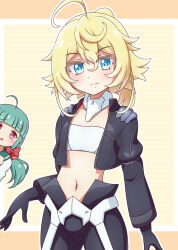 2girls ahoge battle_girl_high_school black_gloves black_jacket blonde_hair blue_eyes blunt_bangs closed_mouth crop_top crossover flat_chest gloves green_hair highres jacket long_hair long_sleeves looking_at_viewer midriff multiple_girls navel sadone sailor_collar shirt short_hair tanya_degurechaff voice_actor_connection white_shirt yosuzu youjo_senki