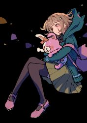 1girl animal_bag brown_hair brown_skirt danganronpa_(series) danganronpa_2:_goodbye_despair flipped_hair galaga hair_ornament highres hood jacket long_sleeves medium_hair monomi_(danganronpa) nanami_chiaki neck_ribbon open_clothes open_jacket pink_bag pink_eyes pink_ribbon pleated_skirt ribbon shirt skirt thighhighs white_shirt youko-shima