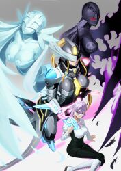 Rule 34 | 4girls, absurdres, angel, angel and devil, angewomon, armor, asymmetrical armor, asymmetrical hair, bakeneko38, black bodysuit, blonde hair, bodysuit, bow, bowtie, braid, breasts, cleavage, covered eyes, demon girl, digimon, digimon story: cyber sleuth, fang, glasses, glowing, head wings, helmet, high ponytail, highres, ladydevimon, large breasts, long hair, mastemon, mikagura mirei, multiple girls, ponytail, purple bow, purple bowtie, purple eyes, purple hair, red eyes, shirt, short hair, single braid, sitting, smile, watermark, white shirt, wings