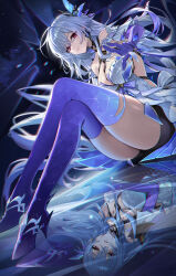 1girl absurdres bare_shoulders black_shorts boots breasts broken_glass cleavage closed_mouth collarbone commentary crossed_bangs crossed_legs crystal_shards diamond-shaped_pupils diamond_(shape) dress dutch_angle elbow_gloves english_commentary floating_hair genshin_impact glass glint gloves gradient_background gradient_gloves gradient_thighhighs hair_between_eyes hair_ornament hand_up high_heel_boots high_heels highres knees_up large_breasts light_particles long_hair looking_at_viewer open_hand purple_gloves purple_thighhighs red_eyes reflection reflective_surface rhtkd short_dress short_shorts shorts sitting skirk_(genshin_impact) solo symbol-shaped_pupils thighhighs thighs very_long_hair white_dress white_hair