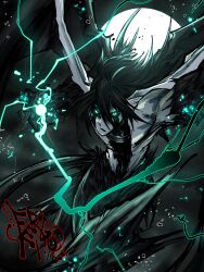 1boy absurdres arrancar artist_name black_hair black_lightning bleach blue_eyes energy energy_beam espada feathered_wings fergoart full_moon glowing glowing_eyes highres hole_in_chest hole_on_body hollow_(bleach) lightning long_hair male_focus moon night night_sky resurreccion sky solo transformation ulquiorra_cifer wings