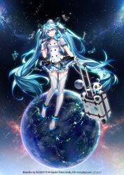1girl :d ahoge black_ribbon black_skirt blue_bow blue_choker blue_eyes blue_hair boots bow breasts buttons choker collarbone commentary_request constellation cropped_jacket double-breasted female_focus gloves grey_jacket hair_between_eyes hair_ribbon hat hatsune_miku highres holding holding_microphone jacket layered_skirt long_hair looking_to_the_side luggage microphone mini_hat miniskirt official_art open_mouth planet ribbon rolling_suitcase shirt sidelocks skirt small_breasts smile solo space star_(sky) stuffed_animal stuffed_panda stuffed_toy suitcase teeth thigh_boots thighhighs twintails upper_teeth_only very_long_hair vocaloid watermark white_boots white_gloves white_hat white_shirt yyb zettai_ryouiki