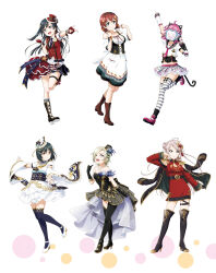 6+girls ahoge animal_ears artbook black_hair blonde_hair blue_eyes boots brown_hair cat_ears detached_sleeves dress emma_verde epaulettes fake_animal_ears fingerless_gloves gloves green_hair grey_eyes hair_bun hair_ornament hat headphones highres jacket jewelry long_hair looking_at_viewer love_live! love_live!_nijigasaki_high_school_idol_club mia_taylor mifune_shioriko mini_hat multiple_girls non-web_source official_art open_mouth pink_hair red_eyes rina-chan_board short_hair skirt smile tail tennoji_rina thigh_strap thighhighs white_background yuki_setsuna zhong_lanzhu