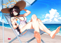 1girl abs barefoot beach beach_chair black_hair blue_archive blush breasts cleavage closed_mouth cocktail_glass commission covered_navel crossed_legs cup drinking_glass feet flower full_body hair_over_one_eye halo hand_on_headwear hat hat_flower hinata_(blue_archive) holding holding_cup large_breasts legs long_hair murata_taichi muscular muscular_female ocean pixiv_commission red_eyes smile soles solo straw_hat sun_hat toenails toes very_long_hair