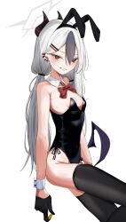 Rule 34 | 1girl, absurdres, alternate hairstyle, animal ears, black gloves, black hair, black horns, black leotard, black thighhighs, blue archive, blush, bow, bowtie, breasts, bullet, commentary request, demon horns, ear piercing, fake animal ears, gloves, grey hair, hair between eyes, half gloves, halo, highres, holding, holding bullet, horns, kayoko (blue archive), leotard, long hair, looking at viewer, multicolored hair, piercing, playboy bunny, rabbit ears, red bow, red bowtie, red eyes, showtime775, simple background, single wing, small breasts, smile, solo, strapless, strapless leotard, thighhighs, twintails, two-tone hair, very long hair, white background, wings, wrist cuffs