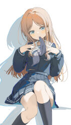 1girl absurdres bang_dream! bang_dream!_it&#039;s_mygo!!!!! black_shirt black_skirt black_socks breast_pocket brown_hair coria highres kneehighs long_hair long_sleeves looking_at_viewer mouth_hold nagasaki_soyo parted_bangs pocket sailor_collar school_uniform shadow shirt simple_background sitting skirt smile socks solo white_background white_sailor_collar