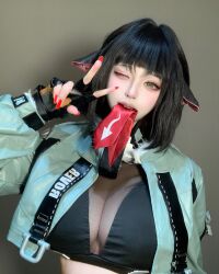 1girl 2024 animal_ears arms_up biting biting_clothes black_gloves black_hair black_necktie black_shorts brand_name_imitation breasts character_name chinese_commentary commentary contrapposto cosplay cosplay_photo cowboy_shot crop_top english_commentary female_focus fingerless_gloves fingernails fur-trimmed_jacket fur_trim garter_straps gloves green_eyes grey_jacket head_tilt highres indoors jacket jane_doe_(zenless_zone_zero) jane_doe_(zenless_zone_zero)_(cosplay) kawaii_rue lace_trim large_breasts long_fingernails long_hair long_sleeves looking_at_viewer midriff mouse_ears mouse_girl mouse_tail mouth_hold multicolored_necktie multiple_views necktie necktie_in_mouth one_eye_closed open_mouth pants photo_(medium) pink_lips real_life red_lips red_nails red_necktie selfie shadow sharp_fingernails sharp_tail shorts skindentation soles standing straight-on symbol-only_commentary tail thick_thighs thighhighs thighs v wink zenless_zone_zero