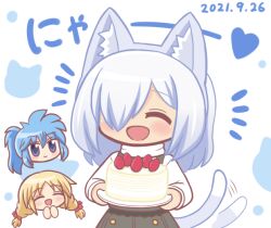 1boy 2girls :d ^_^ animal_ear_fluff animal_ears black_dress blonde_hair blue_eyes blue_hair blush braid cake cat_boy cat_ears cat_tail chibi closed_eyes closed_mouth dated dress food fruit hair_over_one_eye heart holding holding_plate long_hair long_sleeves multiple_girls open_mouth original plate ponytail reverse_(bluefencer) shirt simple_background smile solo_focus strawberry tail tail_wagging trap twin_braids white_background white_shirt