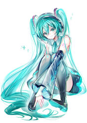 1girl absurdres aqua_eyes aqua_hair aqua_ribbon aqua_trim arm_tattoo black_boots black_skirt boots closed_mouth collared_shirt detached_sleeves full_body grey_sleeves hair_between_eyes hair_ornament hatsune_miku headphones headset heart heart_hair_ornament highres layered_sleeves long_sleeves looking_at_viewer microphone miniskirt neck_ribbon number_tattoo ribbon see-through_clothes see-through_sleeves shirt sitting skirt sleeveless sleeveless_shirt smile solo tattoo thigh_boots twintails vocaloid white_background white_shirt wing_collar zhongji_yaoguai