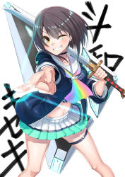 1girl ascot bad_id bad_pixiv_id black_choker black_hair blue_jacket choker commentary_request female_focus floating floating_object gerbera_straight gradient_ascot grin gundam gundam_seed gundam_seed_astray highres jacket katana looking_at_viewer medium_hair midriff multicolored_ascot navel one_eye_closed pictoria pleated_skirt pointing rainbow_neckwear skirt smile solo sword thigh_strap towa_kiseki translation_request virtual_youtuber weapon white_background yellow_eyes zombie_mogura