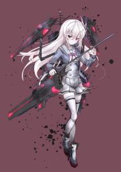 Rule 34 | 1girl, abyssal ship, adapted costume, breasts, brown background, cannon, colored skin, crescent, crescent pin, dark persona, facial scar, full body, green sailor collar, grey jacket, gundam, gundam tekketsu no orphans, gundam vidar, hair between eyes, hair ornament, highres, holding, holding sword, holding weapon, horns, jacket, kantai collection, kisaragi (kancolle), long hair, long sleeves, looking at viewer, machinery, minosu, neck ribbon, original remodel (kantai collection), pink ribbon, rapier, red eyes, ribbon, sailor collar, scar, scar on cheek, scar on face, school uniform, serafuku, shield, ship turret, silver skirt, simple background, skirt, small breasts, solo, spoilers, sword, thighhighs, torpedo launcher, weapon, white hair, white skin, white thighhighs