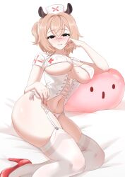 Rule 34 | 1girl, absurdres, alternate costume, animal ears, arm rest, biting own lip, black eyes, bra, breastless clothes, breasts, brown hair, center cross lace, commentary, cross-laced clothes, crossed bangs, dress, empty eyes, fingernails, garter belt, hair ribbon, hat, head rest, high heels, highres, indie virtual youtuber, large breasts, looking at viewer, medium hair, mole, mole on ass, mole on breast, mole on thigh, multiple moles, naplings (nimi nightmare), nimi nightmare, nurse cap, one side up, panties, red nails, red shoes, revealing clothes, ribbon, seekorplatypus, shoes, short sleeves, side-tie panties, sitting, solo, stomach, tapir ears, tapir girl, thighhighs, underwear, virtual youtuber, white bra, white dress, white panties, white thighhighs, yokozuwari