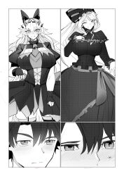 1boy 1girl absurdres barghest_(fate) blush breasts commentary commission cosplay dress english_commentary english_text fate/grand_order fate_(series) fujimaru_ritsuka_(male) greyscale highres horns huge_breasts long_hair monochrome obazzotto rory_mercury rory_mercury_(cosplay) shalltear_bloodfallen shalltear_bloodfallen_(cosplay)