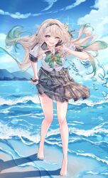 1girl bare_legs barefoot black_bow black_hairband blue_eyes blue_pupils blue_sky blush bow bowtie buttons commentary_request day double-breasted feet firefly_(honkai:_star_rail) firefly_(spring_missive)_(honkai:_star_rail) gradient_hair green_bow green_bowtie green_hair grey_hair grey_sailor_collar grey_skirt hair_bow hairband highres honkai:_star_rail honkai_(series) legs long_hair looking_at_viewer minausa multicolored_hair open_mouth sailor_collar school_uniform serafuku shirt skirt sky smile solo teeth toes upper_teeth_only wet wet_clothes wet_shirt white_shirt