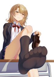 1girl absurdres black_socks blush cameltoe desk feet highres isshiki_iroha loafers long_hair looking_at_viewer panties pantyshot school_desk shoes single_shoe smile socks soles taqielang toes underwear unworn_shoes yahari_ore_no_seishun_lovecome_wa_machigatteiru. yellow_eyes