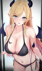 1girl absurdres bare_shoulders bikini black_bikini black_horns black_tail black_wings blonde_hair blue_eyes breasts cleavage collarbone cowboy_shot demon_girl demon_horns demon_tail demon_wings gradient_hair heart heart-shaped_pupils highres hololive horns large_breasts long_hair missing_commentary multicolored_hair navel pink_hair pointy_ears sarla-twin88 side-tie_bikini_bottom solo swimsuit symbol-shaped_pupils tail two-tone_hair virtual_youtuber wings yuzuki_choco