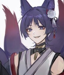 Rule 34 | 1boy, alternate species, animal ear fluff, animal ears, black kimono, black shrug, blunt ends, bright pupils, fang, fox ears, fox tail, genshin impact, gold, grey kimono, hair ornament, highres, japanese clothes, jewelry, juban, kimono, kitsune, looking at viewer, male focus, multiple tails, neck ring, off shoulder, pom pom (clothes), pom pom hair ornament, portrait, purple eyes, purple hair, red kimono, scaramouche (genshin impact), sgm618, shrug (clothing), smile, solo, tail, tassel, tassel hair ornament, teeth, tsurime, upper teeth only, white background, white pupils, wispy bangs