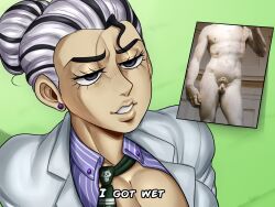 1girl breasts david_(michelangelo) detnox diamond_wa_kudakenai english_text fine_art genderswap genderswap_(mtf) highres jojo_no_kimyou_na_bouken kira_yoshikage large_breasts meme michelangelo multicolored_hair photo_(medium) statue_of_david straight_hair two-tone_hair