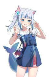 1girl animal_bag animal_ears artist_name bag blue_eyes blue_hair blue_nails blue_outline blue_skirt blue_streaks blue_tail blunt_bangs blush buttons cat_ears cat_girl claw_pose cowboy_shot cube_hair_ornament denim denim_skirt fingernails fins fish_skeleton fish_tail gawr_gura gawr_gura_(casual) grin hair_ornament hands_up highres hololive hololive_english long_hair looking_at_viewer miniskirt multicolored_hair nail_polish outline overall_skirt rosuuri satchel shark_bag shark_girl shark_tail sharp_teeth shirt short_sleeves side_ponytail sidelocks simple_background skirt smile solo standing stitched_tail stitches straight-on streaked_hair suspenders suspenders_slip tail teeth virtual_youtuber white_background white_hair white_shirt zipper