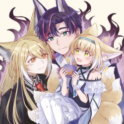 Rule 34 | 1boy, 2girls, animal ears, arknights, asin buy, blonde hair, blue hairband, braid, braided hair rings, closed mouth, commentary request, family, father and daughter, fox boy, fox ears, fox girl, fox tail, green eyes, hair rings, hairband, highres, husband and wife, infection monitor (arknights), kitsune, kyuubi, long hair, material growth, mother and daughter, multiple girls, multiple tails, necktie, orange eyes, oripathy lesion (arknights), pantyhose, purple hair, red necktie, short hair, suzuran&#039;s father (arknights), suzuran (arknights), tail, twin braids, vulpisfoglia (arknights), white pantyhose