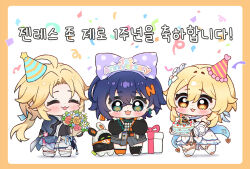1boy 2girls :3 :d ahoge anniversary asymmetrical_legwear bangboo_(zenless_zone_zero) bare_shoulders belle_(zenless_zone_zero) black_gloves black_socks blonde_hair blue_hair blue_hat blue_jacket boots bouquet bow box cake chibi chibi_only closed_eyes commentary_request fingerless_gloves flower food genshin_impact gift gift_box gloves green_eyes grey_shorts hair_bow hair_flower hair_ornament hat highres holding holding_bouquet holding_cake holding_food honkai:_star_rail honkai_(series) hue_oo jacket korean_commentary korean_text long_hair long_sleeves lumine_(genshin_impact) mismatched_legwear multiple_girls open_clothes open_jacket open_mouth orange_eyes orange_socks parted_bangs party_hat polka_dot polka_dot_bow purple_bow red_hat second-party_source short_hair shorts simple_background smile socks thighhighs translation_request white_background white_boots white_thighhighs yanqing_(honkai:_star_rail) zenless_zone_zero