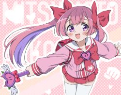 1girl :d backpack bag blush bow commentary_request hair_bow highres holding holding_wand leaning_forward long_hair looking_at_viewer mahjong_fight_girl mitsumoto_cocoa multicolored_hair open_mouth pink_shirt pleated_skirt polka_dot polka_dot_background purple_eyes purple_hair randoseru red_bow red_skirt sailor_collar shirt skirt smile solo thighhighs twintails two-tone_hair unadon_(unadoom) very_long_hair wand white_sailor_collar white_thighhighs