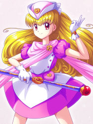 1990s_(style) 1girl blonde_hair bracelet brooch brown_eyes cowboy_shot female_focus flower_brooch gloves hat highres jewelry long_hair magical_girl mimimix moriya_ririka nurse_angel nurse_angel_ririka_sos pink_scarf pink_skirt puffy_sleeves retro_artstyle ring scarf skirt smile solo wand white_background white_gloves