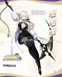 1girl arm_up black_boots black_dress black_pantyhose blonde_hair boots braid braided_bangs breasts breasts_apart center_opening character_name closed_eyes closed_mouth coat commentary copyright_name copyright_notice coronis_(stella_sora) d: detached_sleeves dress english_commentary english_text full_body grin hair_over_one_eye half-closed_eyes highres holding holding_scythe holding_weapon large_breasts long_hair low_side_ponytail multiple_expressions official_art open_clothes open_coat open_mouth pantyhose parted_lips scythe short_dress side_ponytail sleeveless sleeveless_coat smile speech_bubble stella_sora stethoscope thigh_boots torn_clothes torn_pantyhose u_u weapon white_coat white_sleeves wide_sleeves