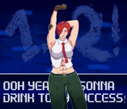 1girl arms_up breasts female_focus gloves leather medium_breasts orphy orphy__ pale_skin pants red_eyes red_hair shirt short_hair sleeveless smile suspenders the_king_of_fighters vanessa_(kof) white_shirt wide_hips